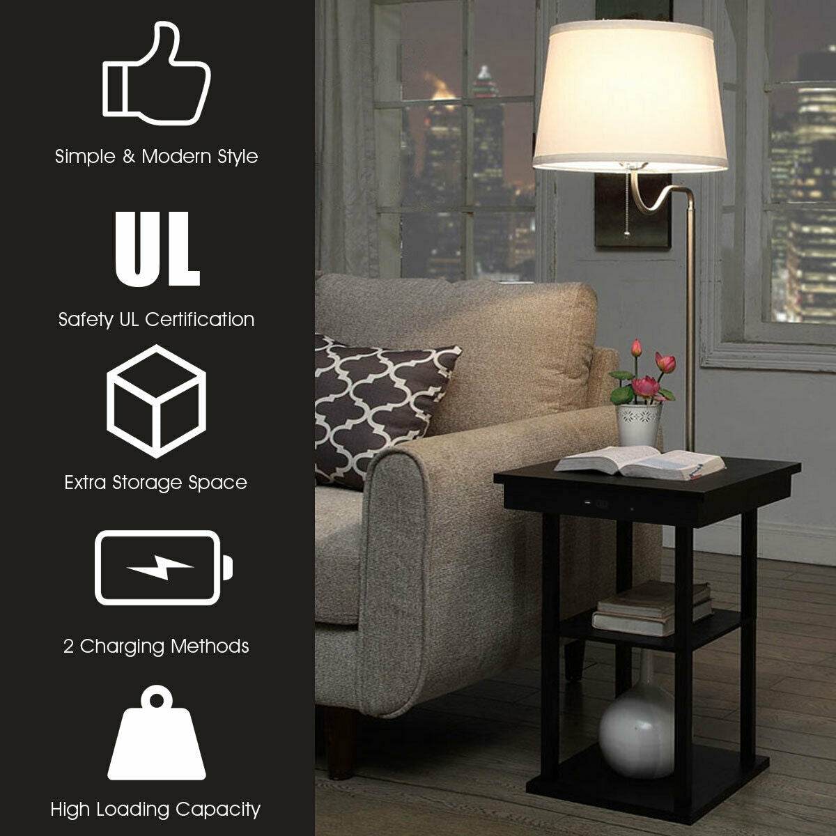 Floor Lamp Bedside Desk with  wireless charging, USB Charging Ports Shelves-Black, fully assembled