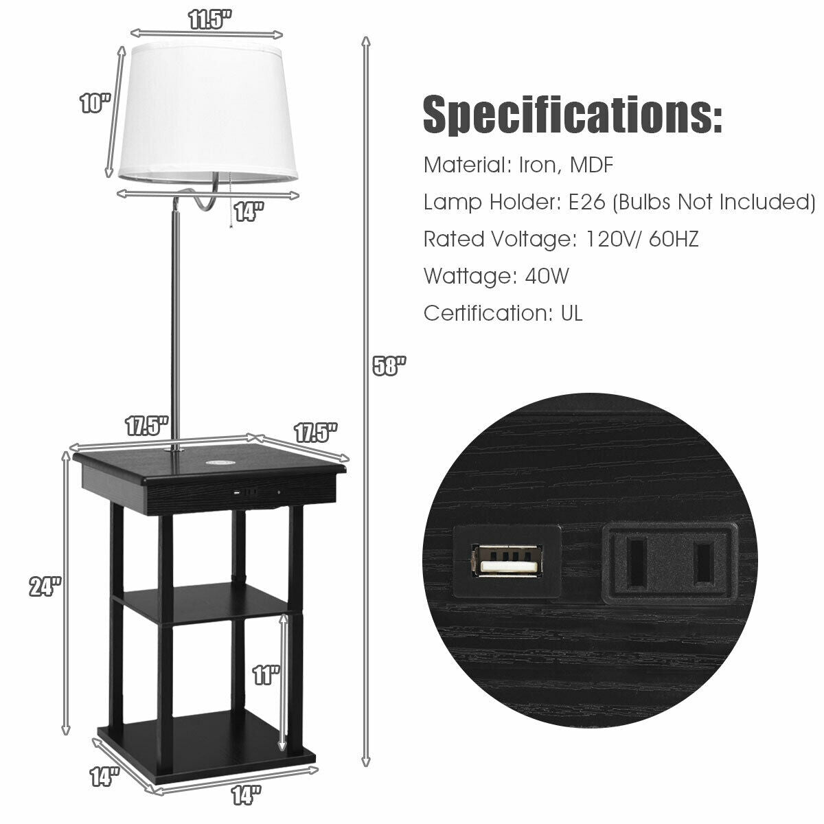 Floor Lamp Bedside Desk with  wireless charging, USB Charging Ports Shelves-Black, fully assembled