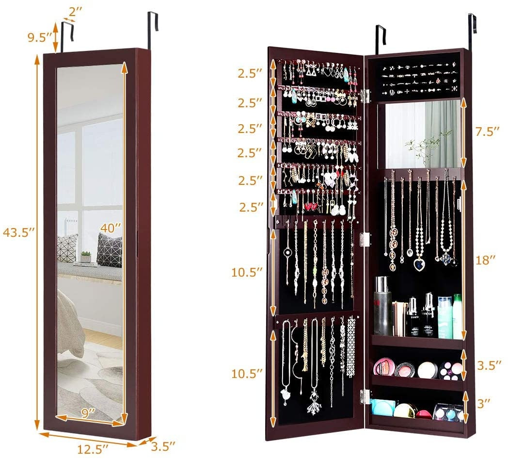 Mirror Jewelry Cabinet with Necklace Hooks-Dark Brown (Scratch and Dent)