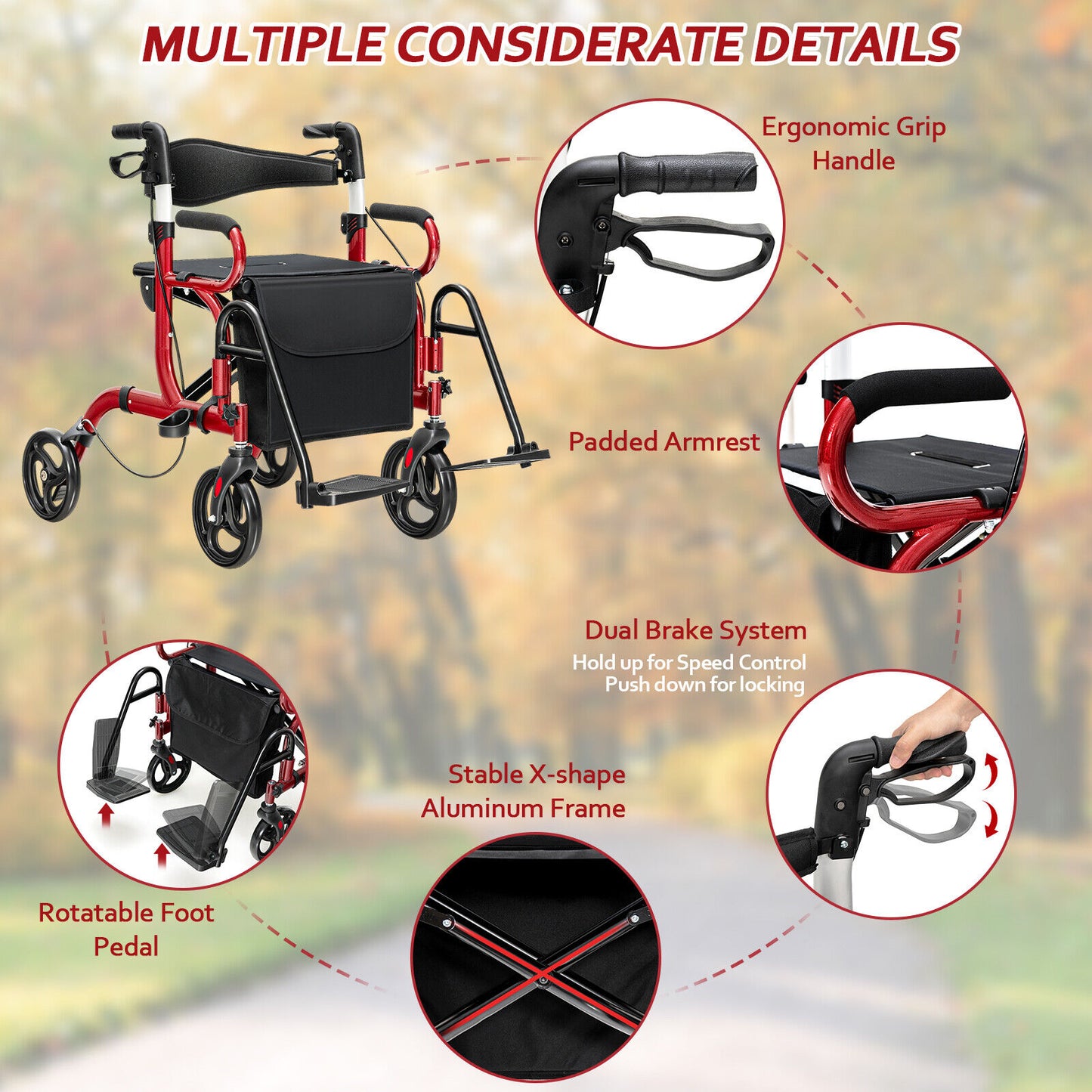 NO TAX - Folding Rollator Walker with 8-inch Wheels and Seat-Red