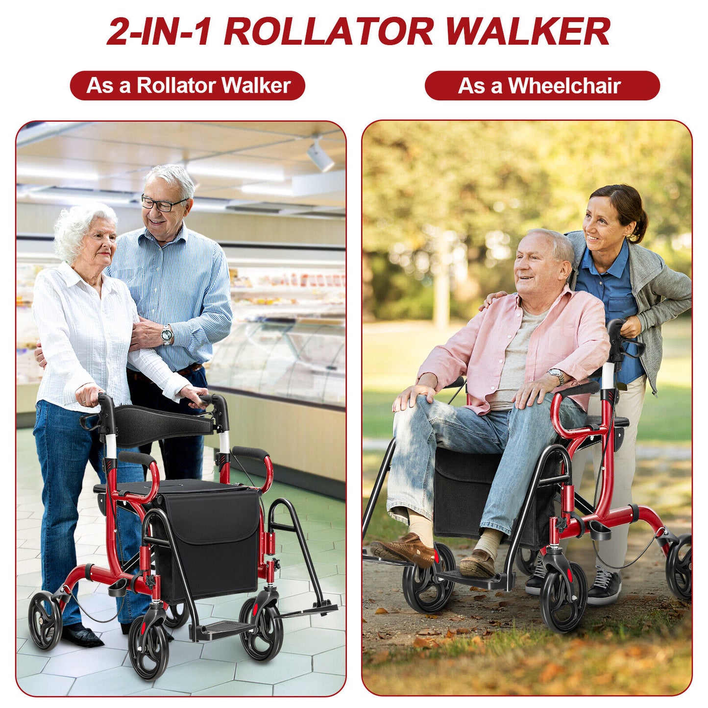 NO TAX - Folding Rollator Walker with 8-inch Wheels and Seat-Red