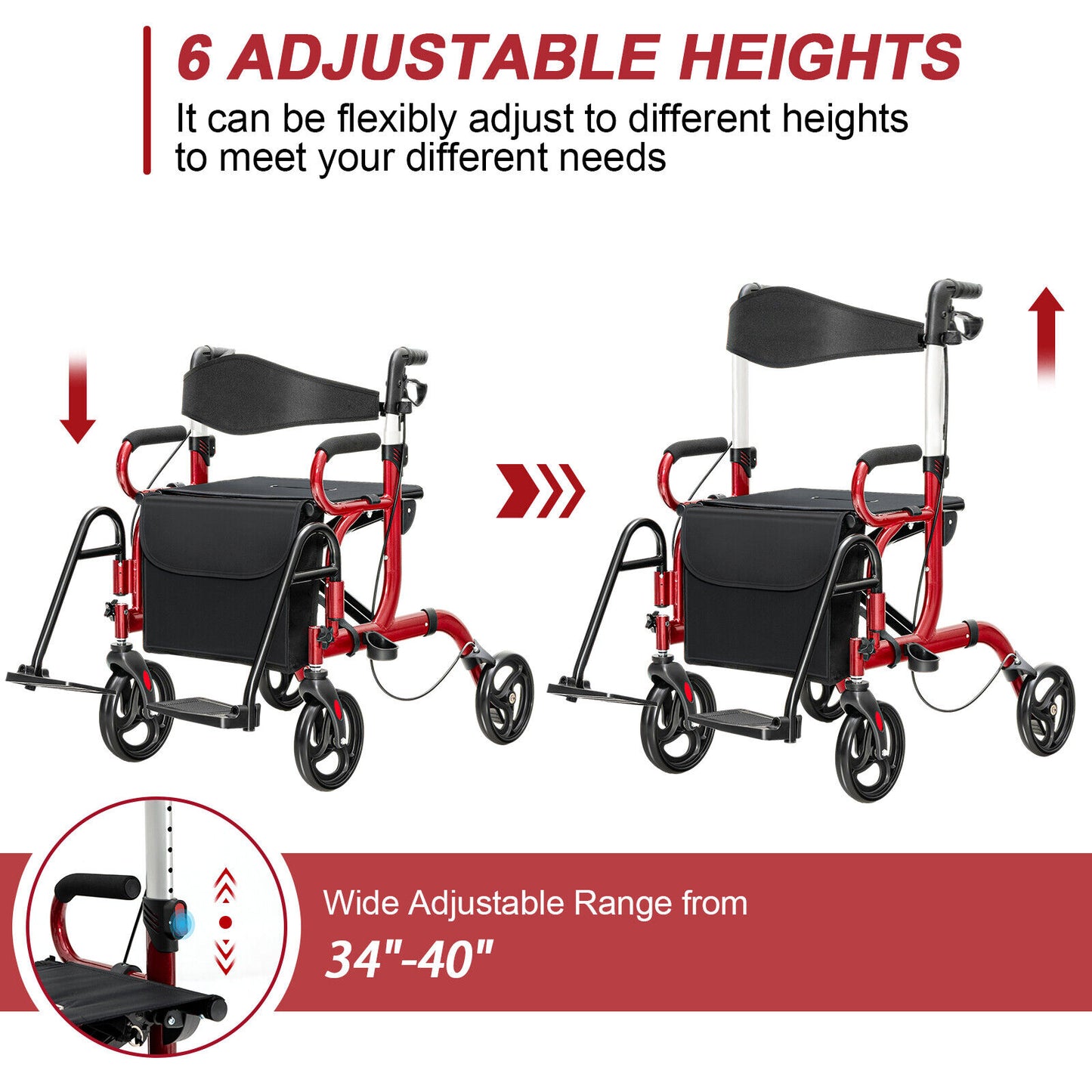 NO TAX - Folding Rollator Walker with 8-inch Wheels and Seat-Red