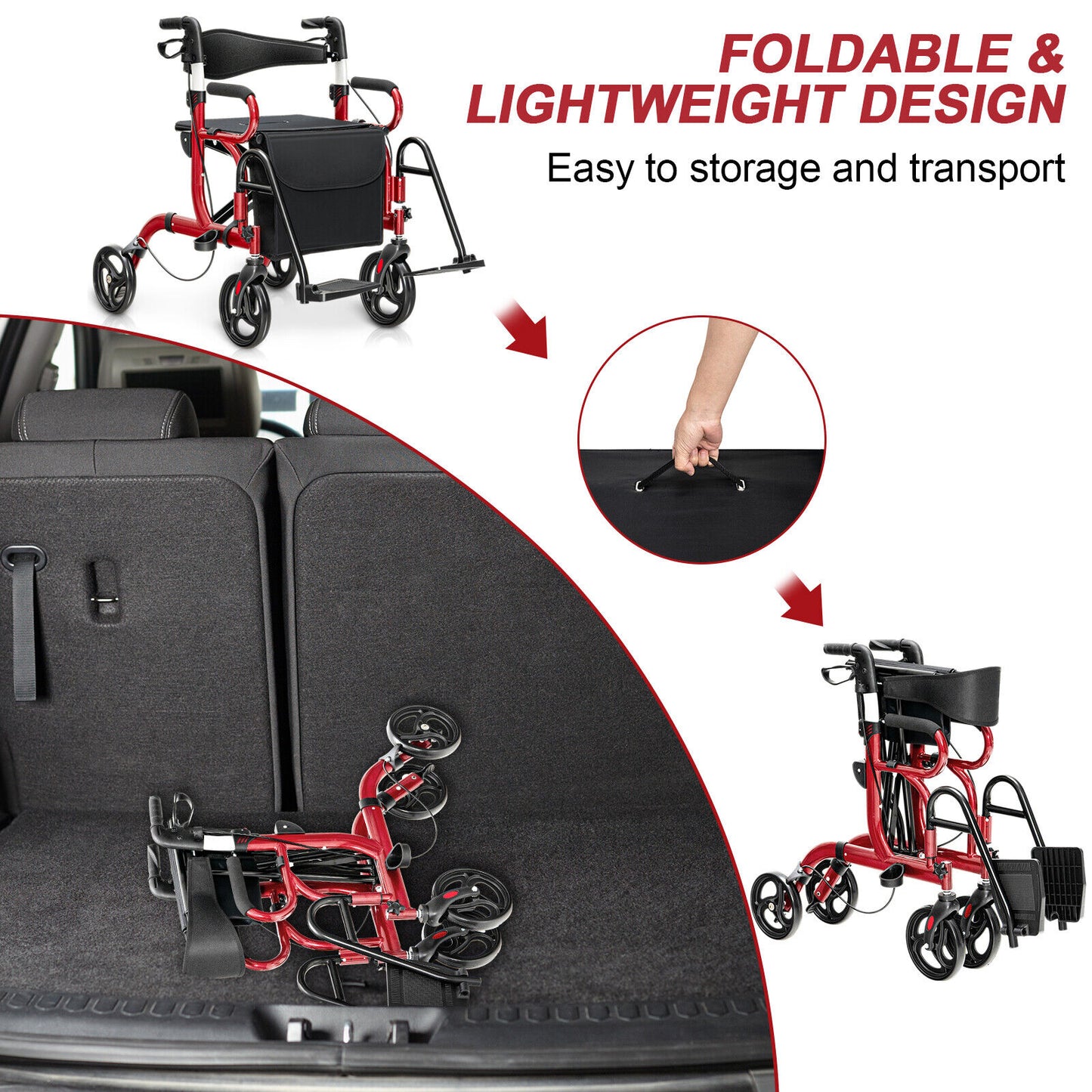 NO TAX - Folding Rollator Walker with 8-inch Wheels and Seat-Red