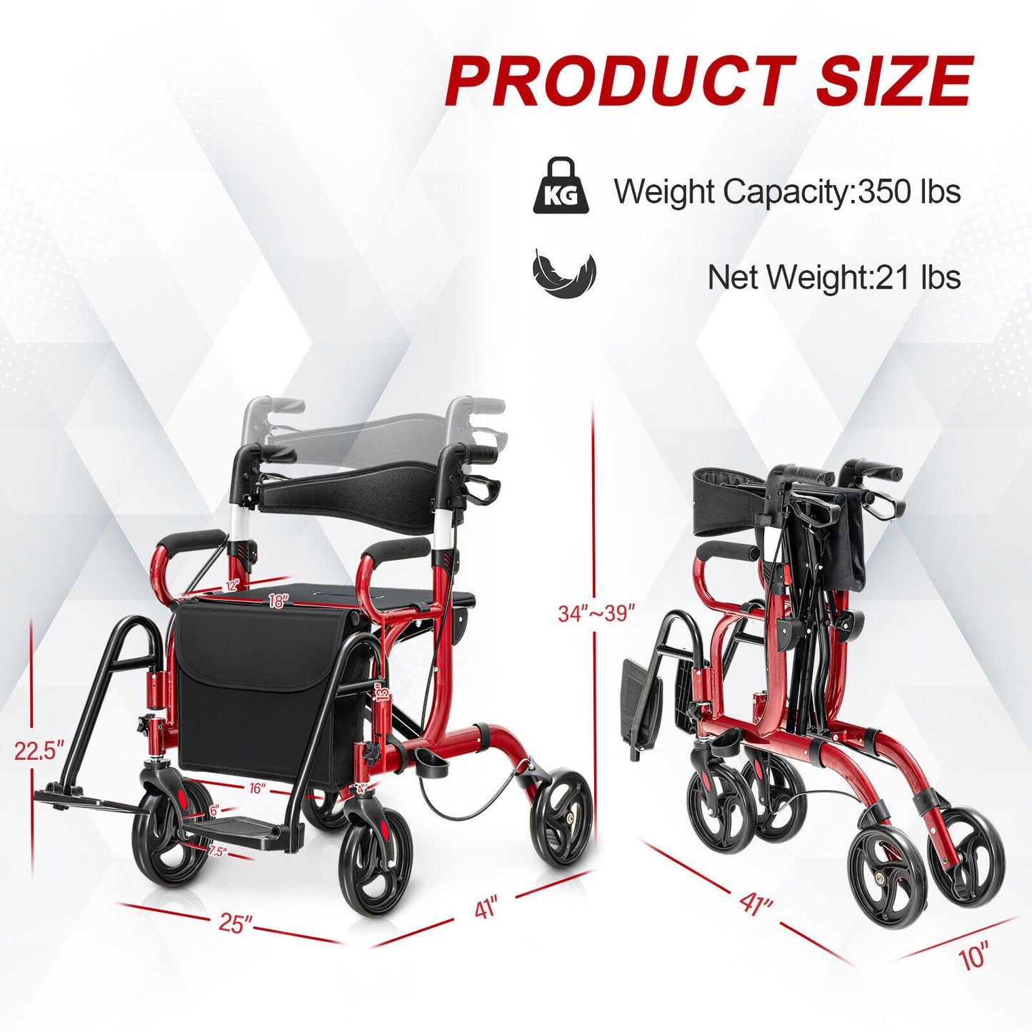 NO TAX - Folding Rollator Walker with 8-inch Wheels and Seat-Red