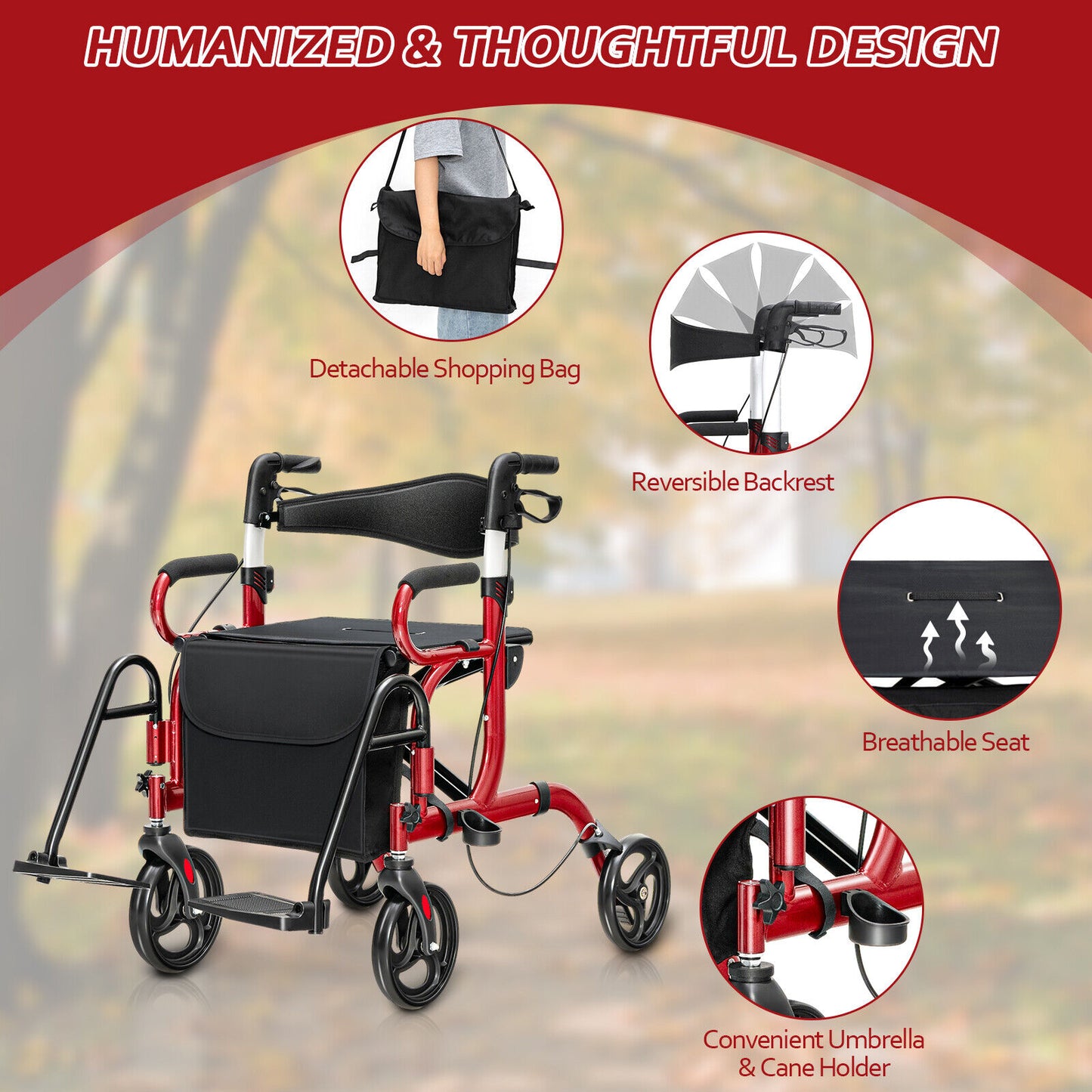 NO TAX - Folding Rollator Walker with 8-inch Wheels and Seat-Red