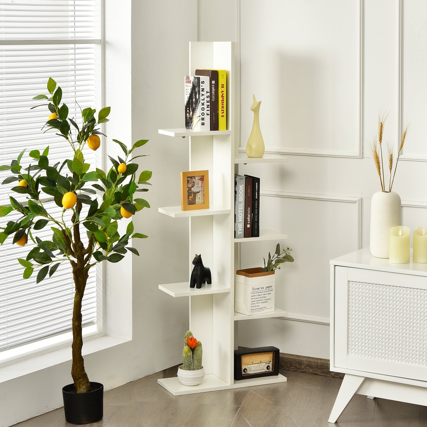 8-shelf Bookcase Freestanding Tree shelf Display Storage Stand- White - (1Box, Unassembled)