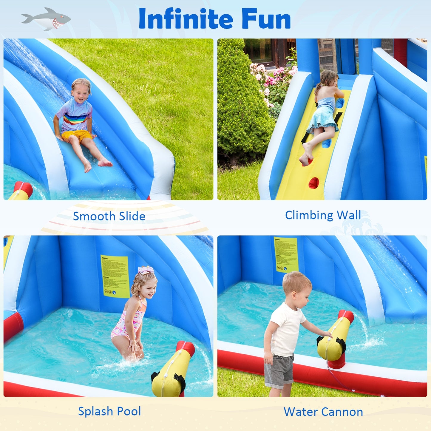 Inflatable Shark Bounce House with Water Slide and Climbing Wall with BLOWER