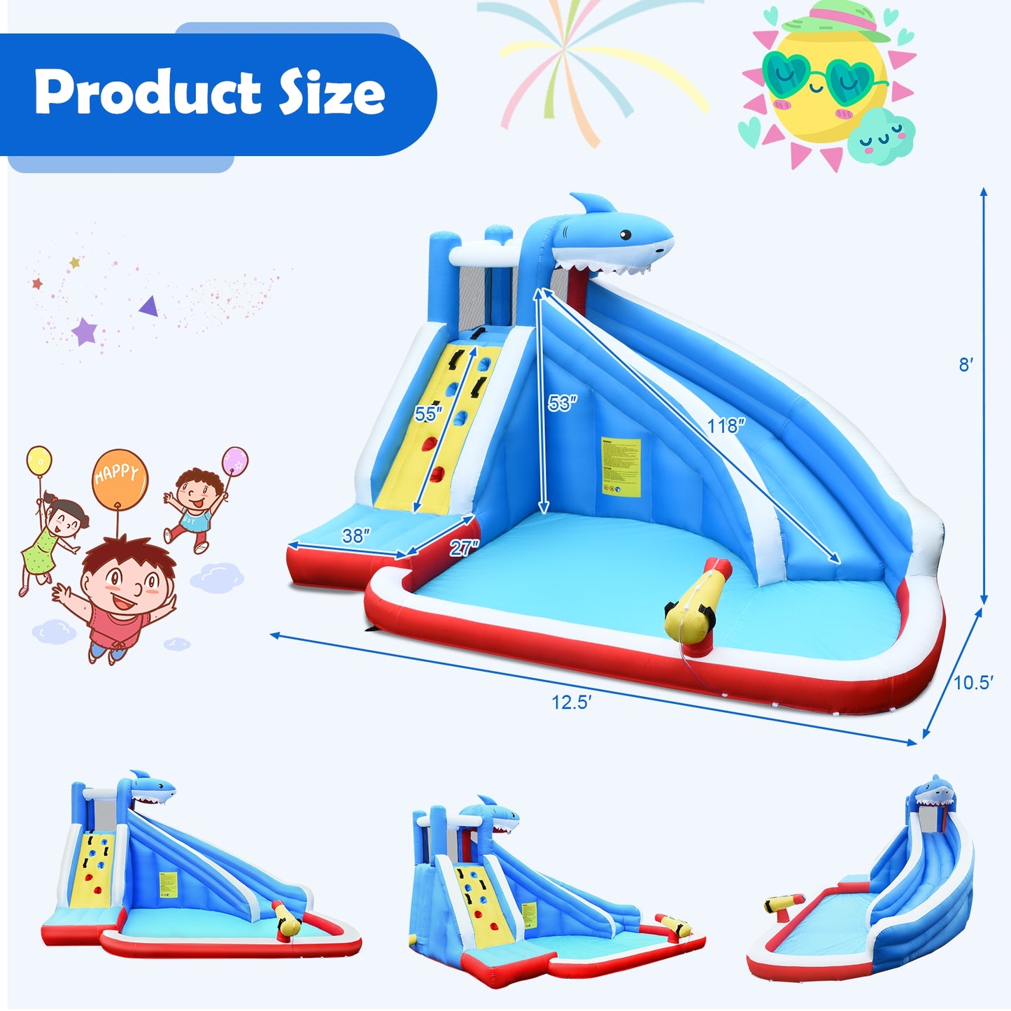 Inflatable Shark Bounce House with Water Slide and Climbing Wall with BLOWER