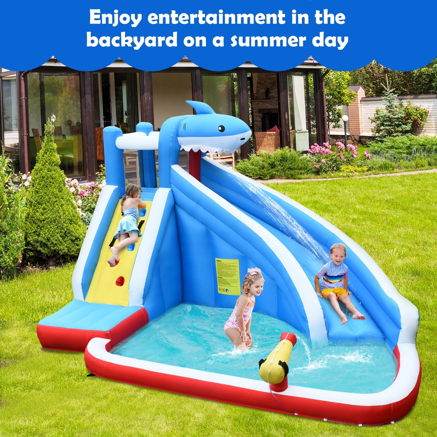 Inflatable Shark Bounce House with Water Slide and Climbing Wall with BLOWER