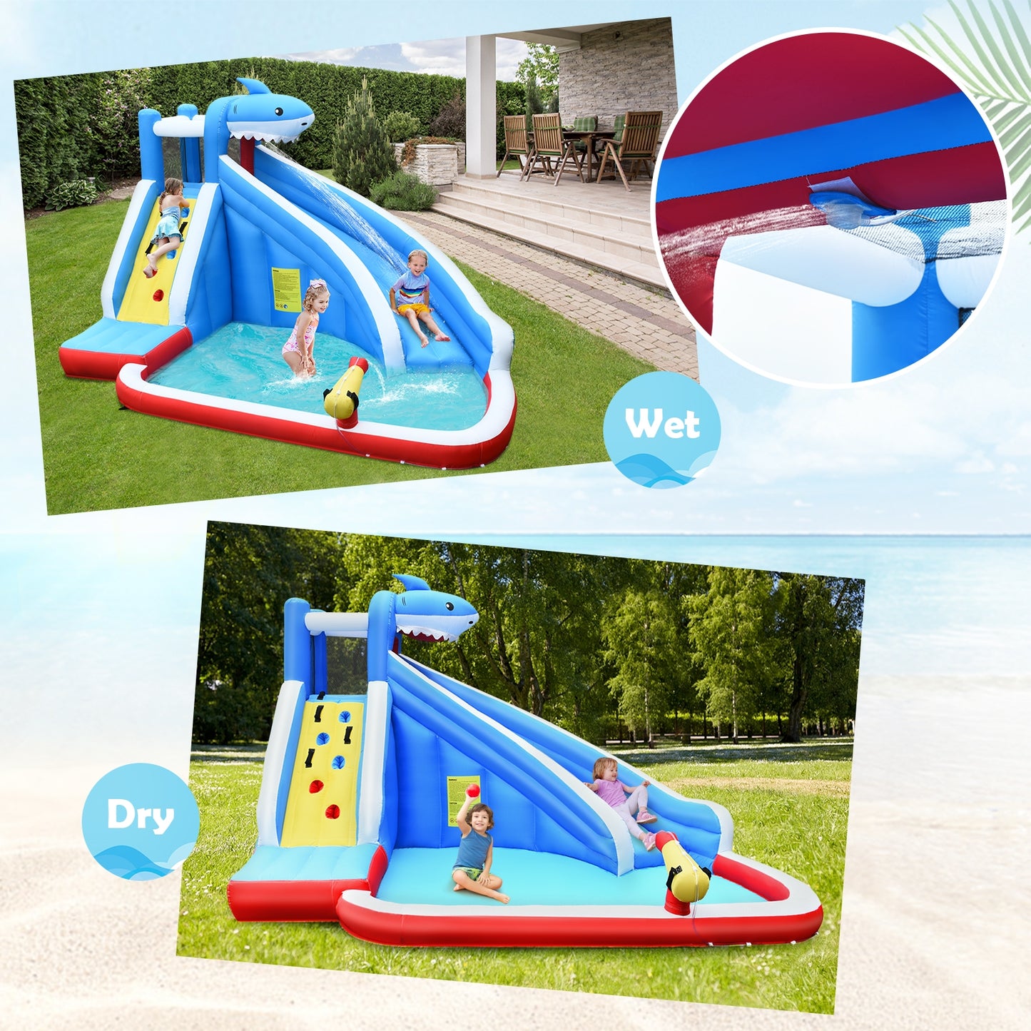 Inflatable Shark Bounce House with Water Slide and Climbing Wall with BLOWER