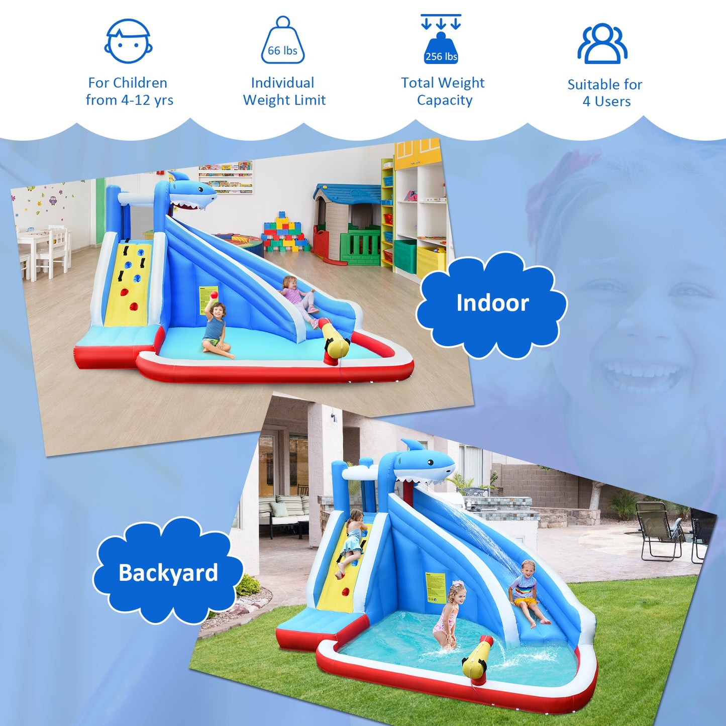 Inflatable Shark Bounce House with Water Slide and Climbing Wall with BLOWER