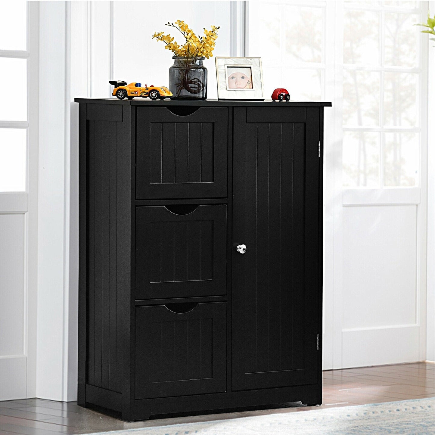 Bathroom Floor Cabinet Side Storage Cabinet with 3 Drawers and 1 Cupboard-Black, assembled