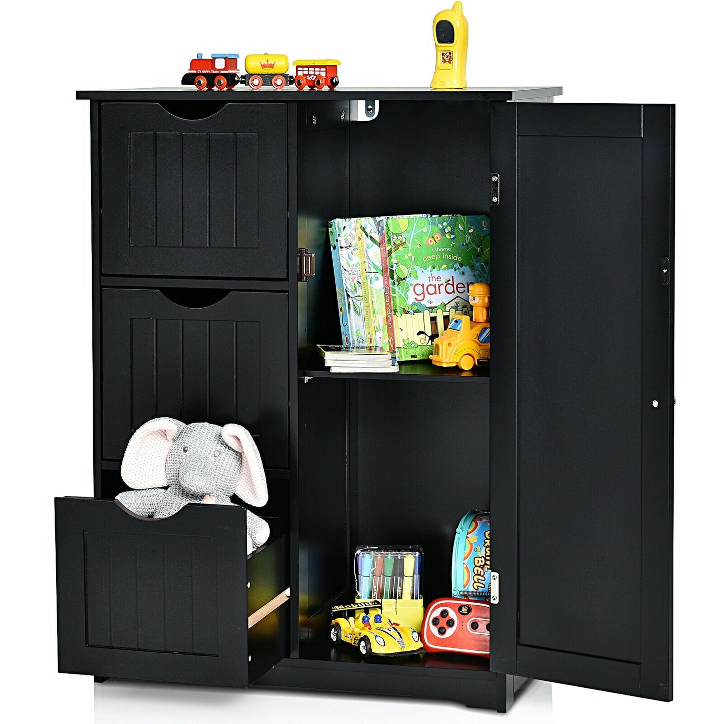 Bathroom Floor Cabinet Side Storage Cabinet with 3 Drawers and 1 Cupboard-Black, assembled