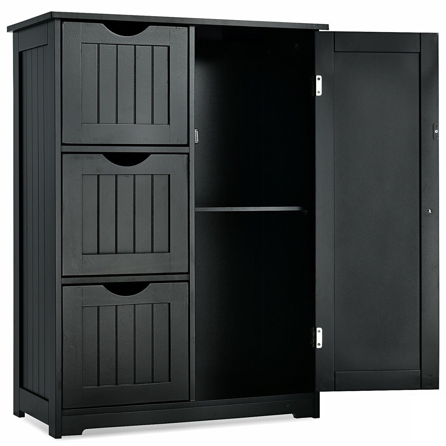 Bathroom Floor Cabinet Side Storage Cabinet with 3 Drawers and 1 Cupboard-Black, assembled