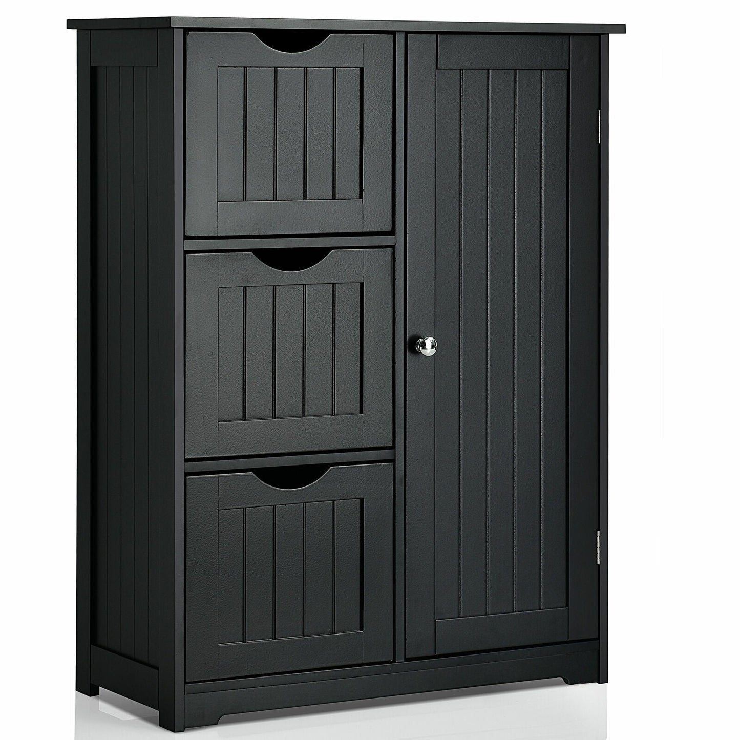 Bathroom Floor Cabinet Side Storage Cabinet with 3 Drawers and 1 Cupboard-Black, assembled