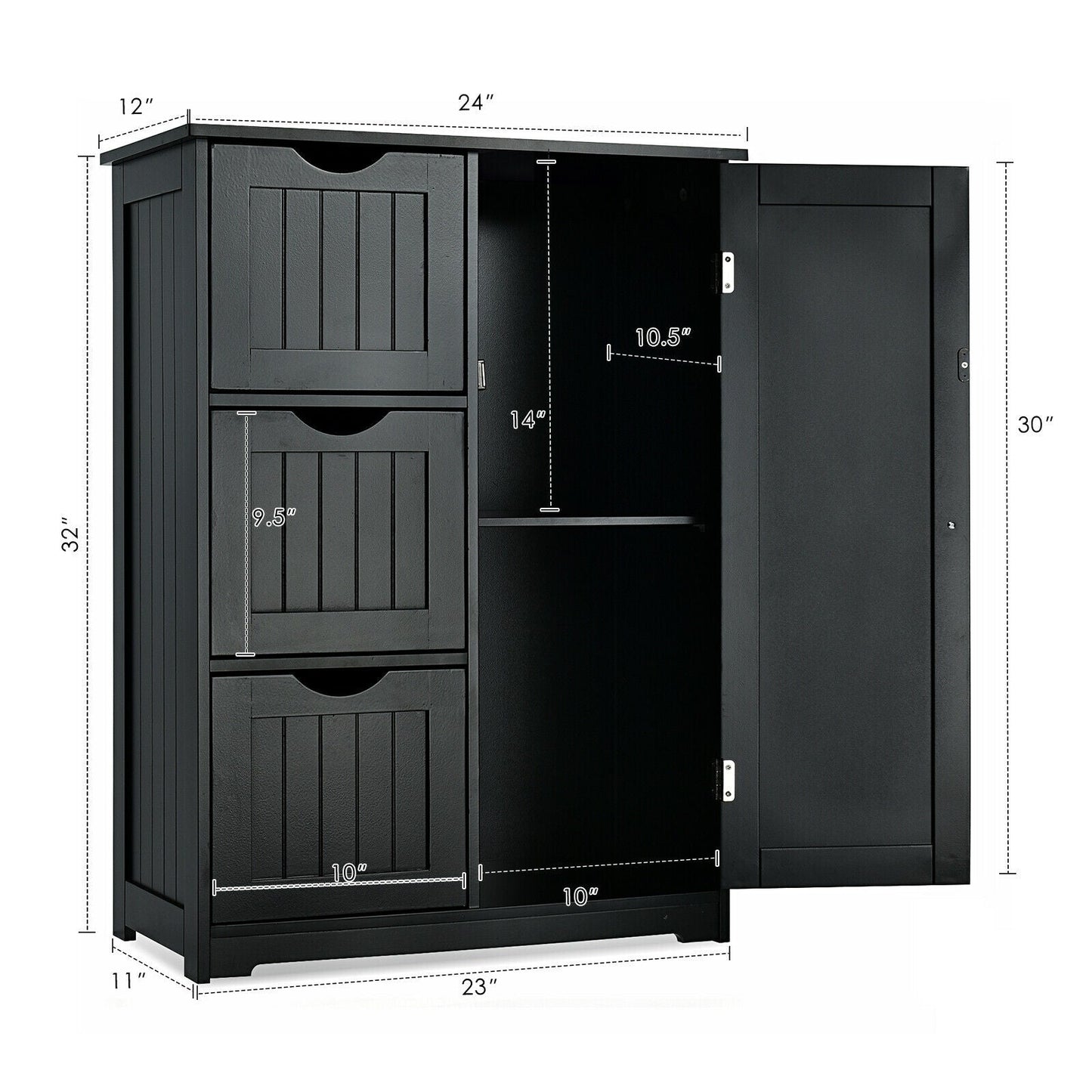 Bathroom Floor Cabinet Side Storage Cabinet with 3 Drawers and 1 Cupboard-Black, assembled