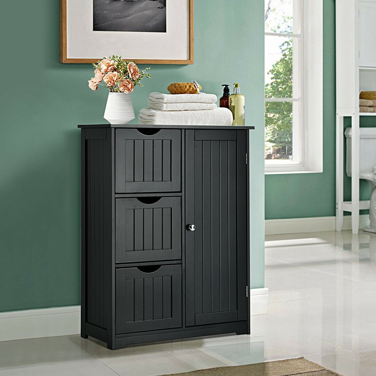 Bathroom Floor Cabinet Side Storage Cabinet with 3 Drawers and 1 Cupboard-Black, assembled