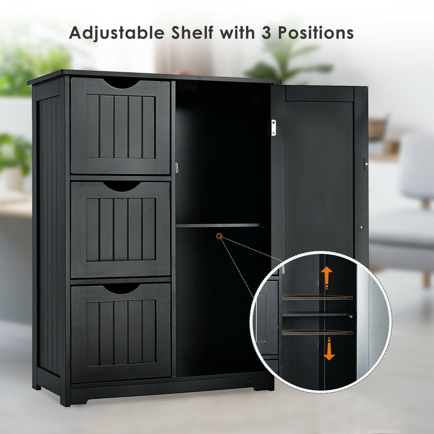 Bathroom Floor Cabinet Side Storage Cabinet with 3 Drawers and 1 Cupboard-Black, assembled