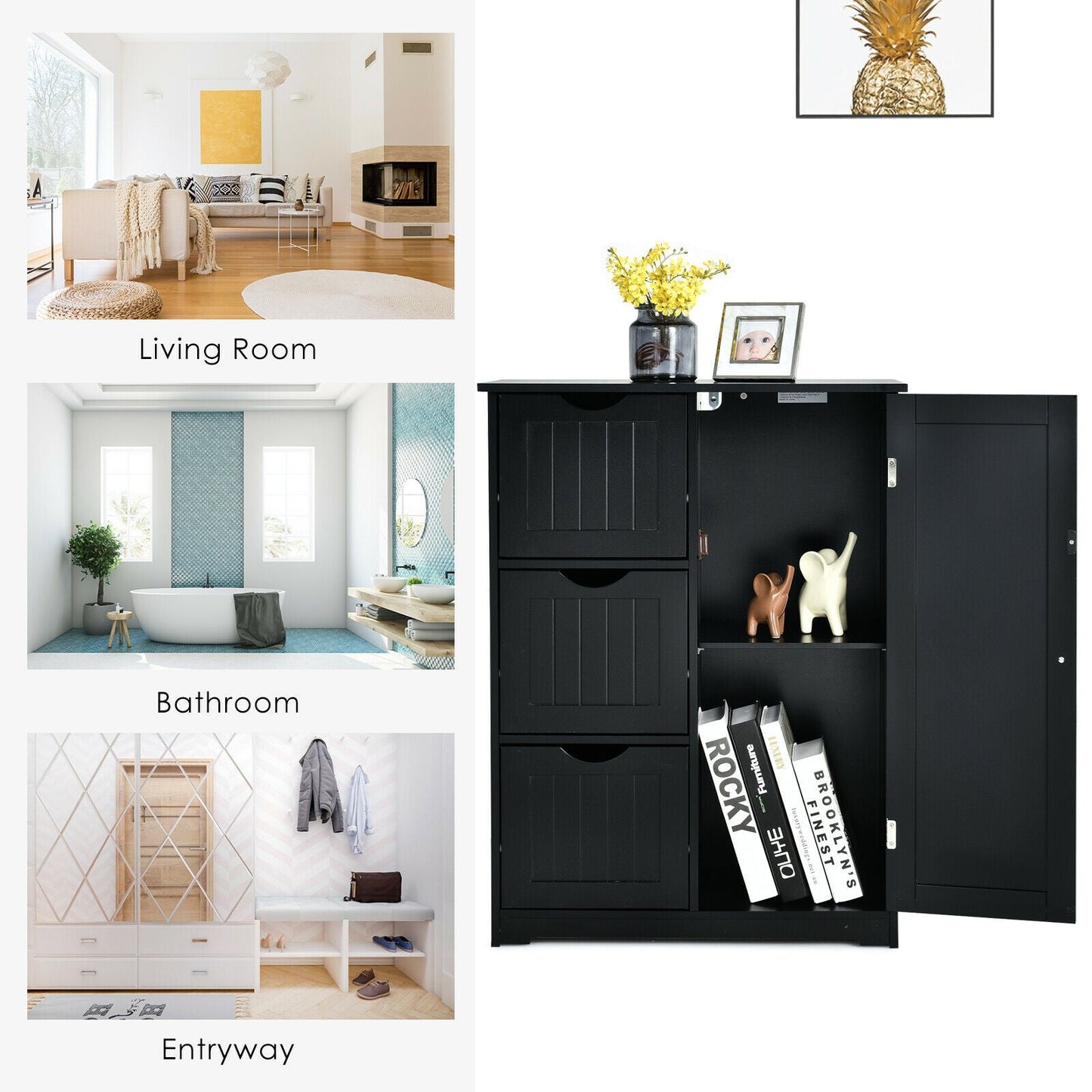 Bathroom Floor Cabinet Side Storage Cabinet with 3 Drawers and 1 Cupboard-Black, assembled
