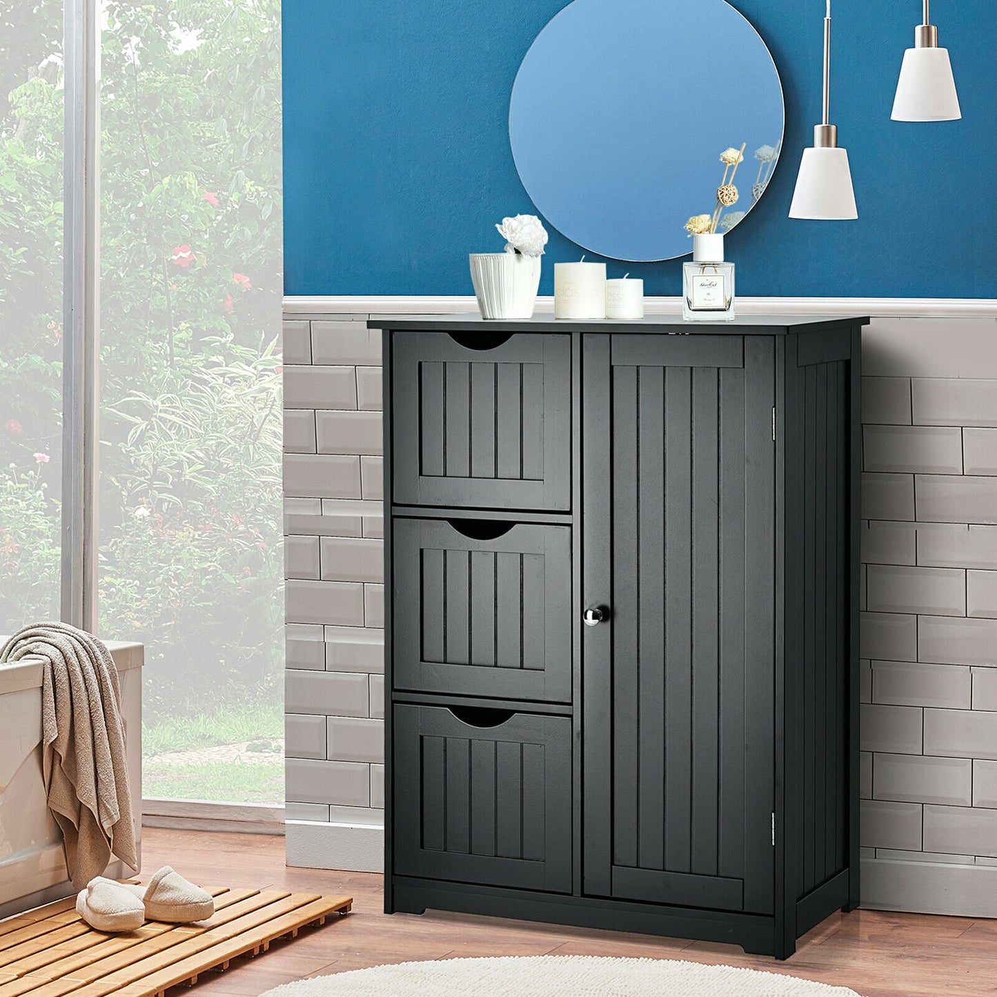 Bathroom Floor Cabinet Side Storage Cabinet with 3 Drawers and 1 Cupboard-Black, assembled