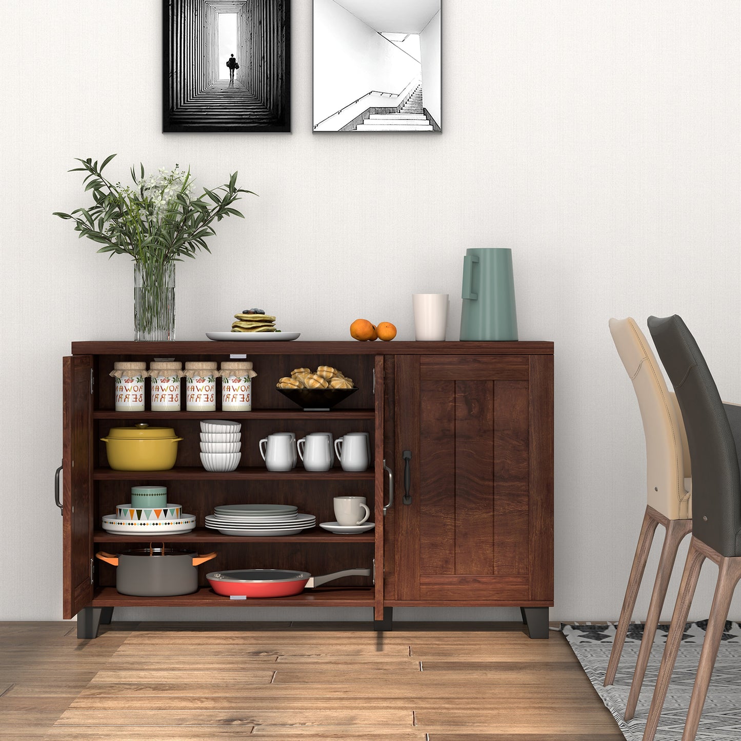 3-Door Buffet Sideboard -Brown, FULLY ASSEMBLED, small dent