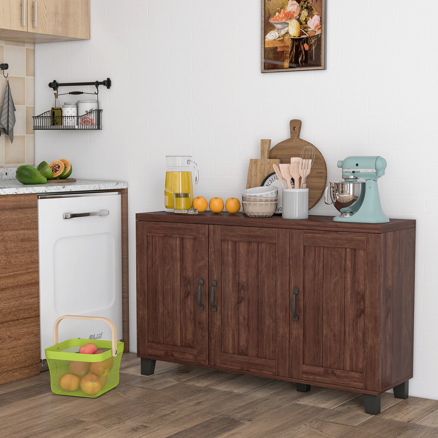 3-Door Buffet Sideboard -Brown, FULLY ASSEMBLED, small dent