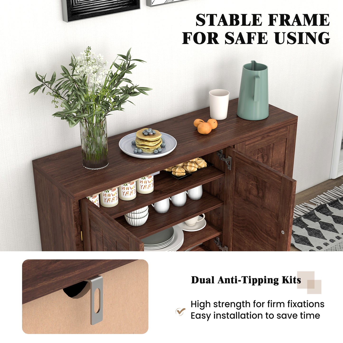 3-Door Buffet Sideboard -Brown, FULLY ASSEMBLED, small dent