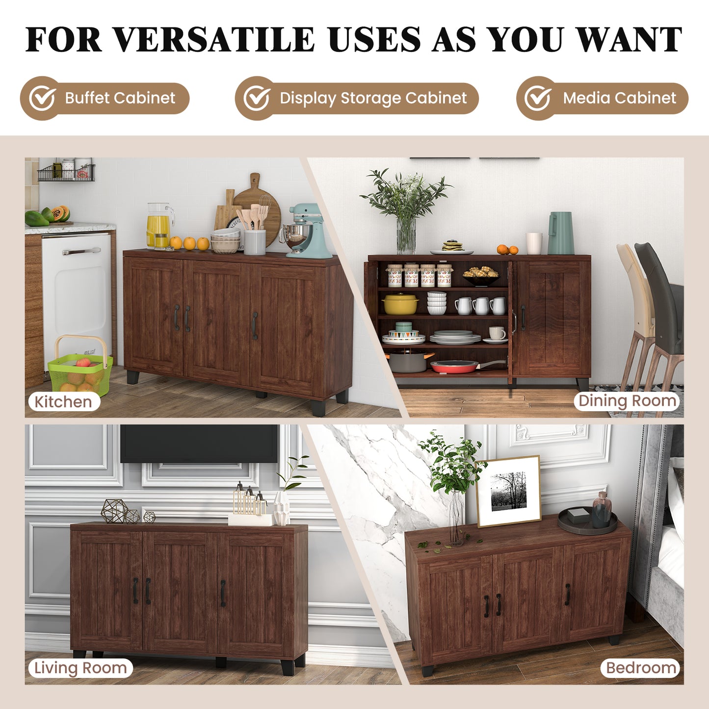 3-Door Buffet Sideboard -Brown, FULLY ASSEMBLED, small dent