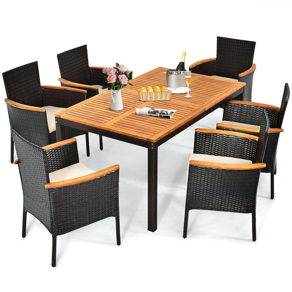 7 Pieces Patio Rattan Dining Set with Armrest Cushioned Chair and Umbrella Hole, Fully Assembled