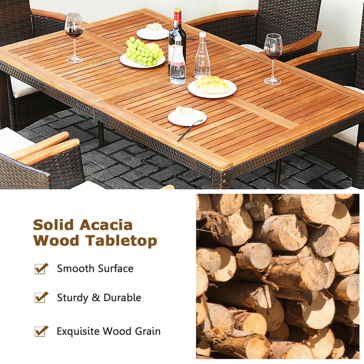7 Pieces Patio Rattan Dining Set with Armrest Cushioned Chair and Umbrella Hole