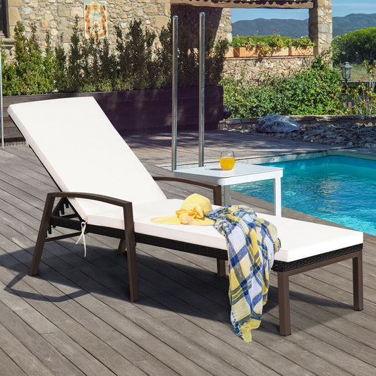 Patio Rattan Adjustable Back Lounge Chair with Armrest and Removable Cushions-White