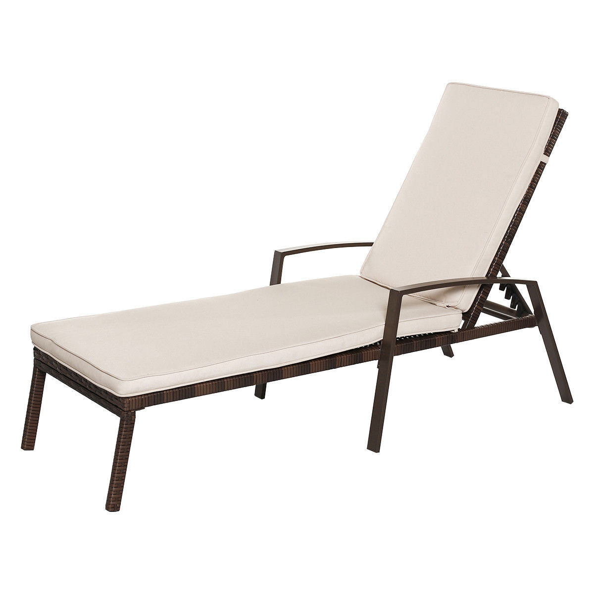Patio Rattan Adjustable Back Lounge Chair with Armrest and Removable Cushions-White
