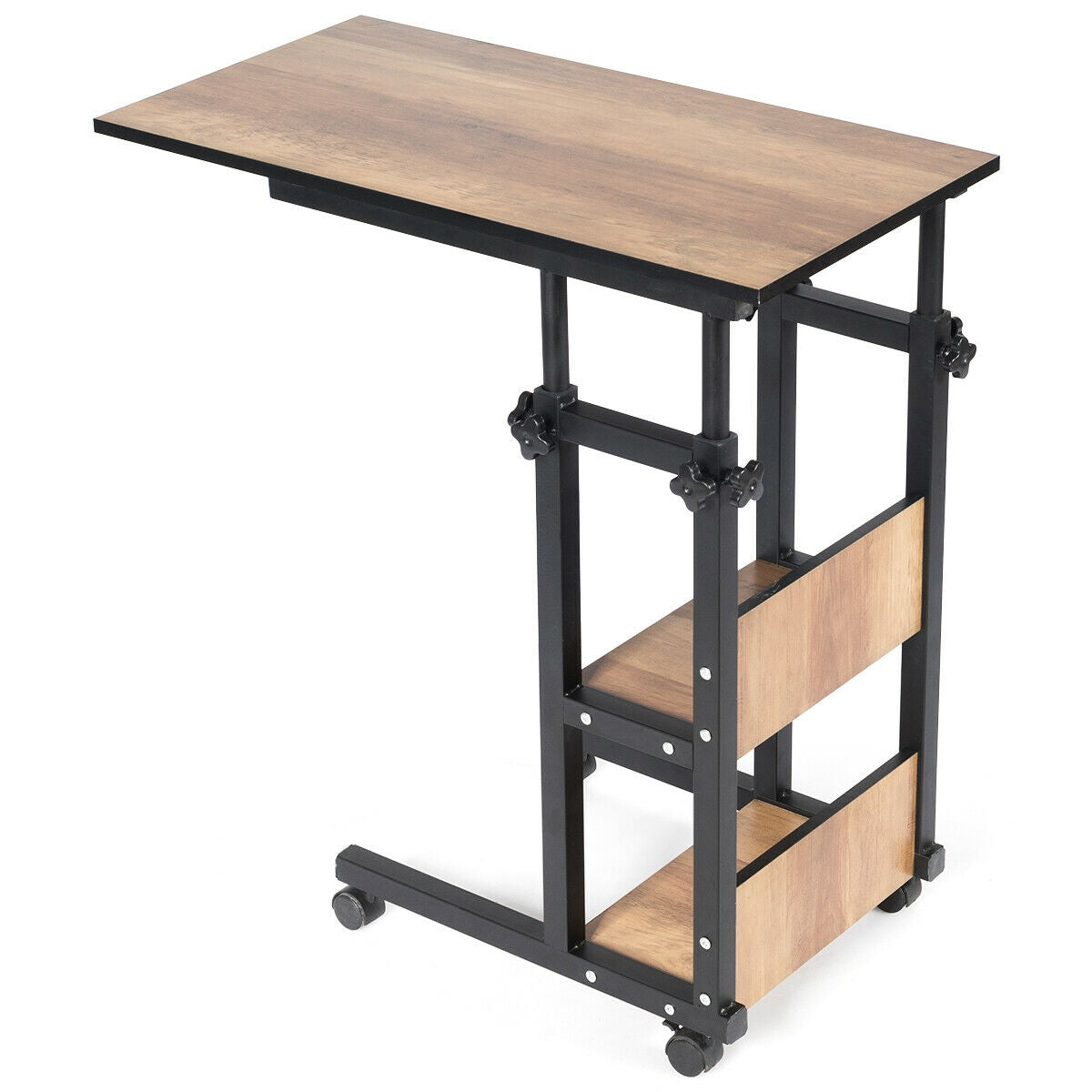 C-Shape Mobile Snack End Table with Storage Shelves, (Fully Assembled)
