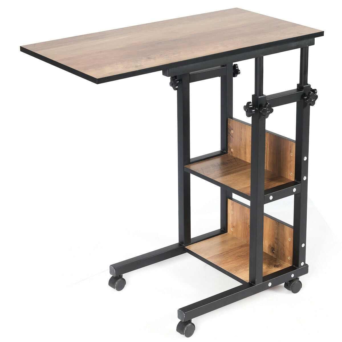 C-Shape Mobile Snack End Table with Storage Shelves, (Fully Assembled)
