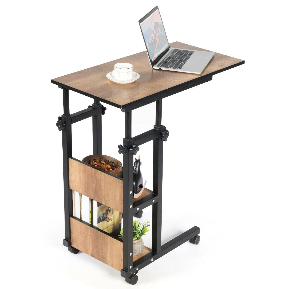 C-Shape Mobile Snack End Table with Storage Shelves, (Fully Assembled)