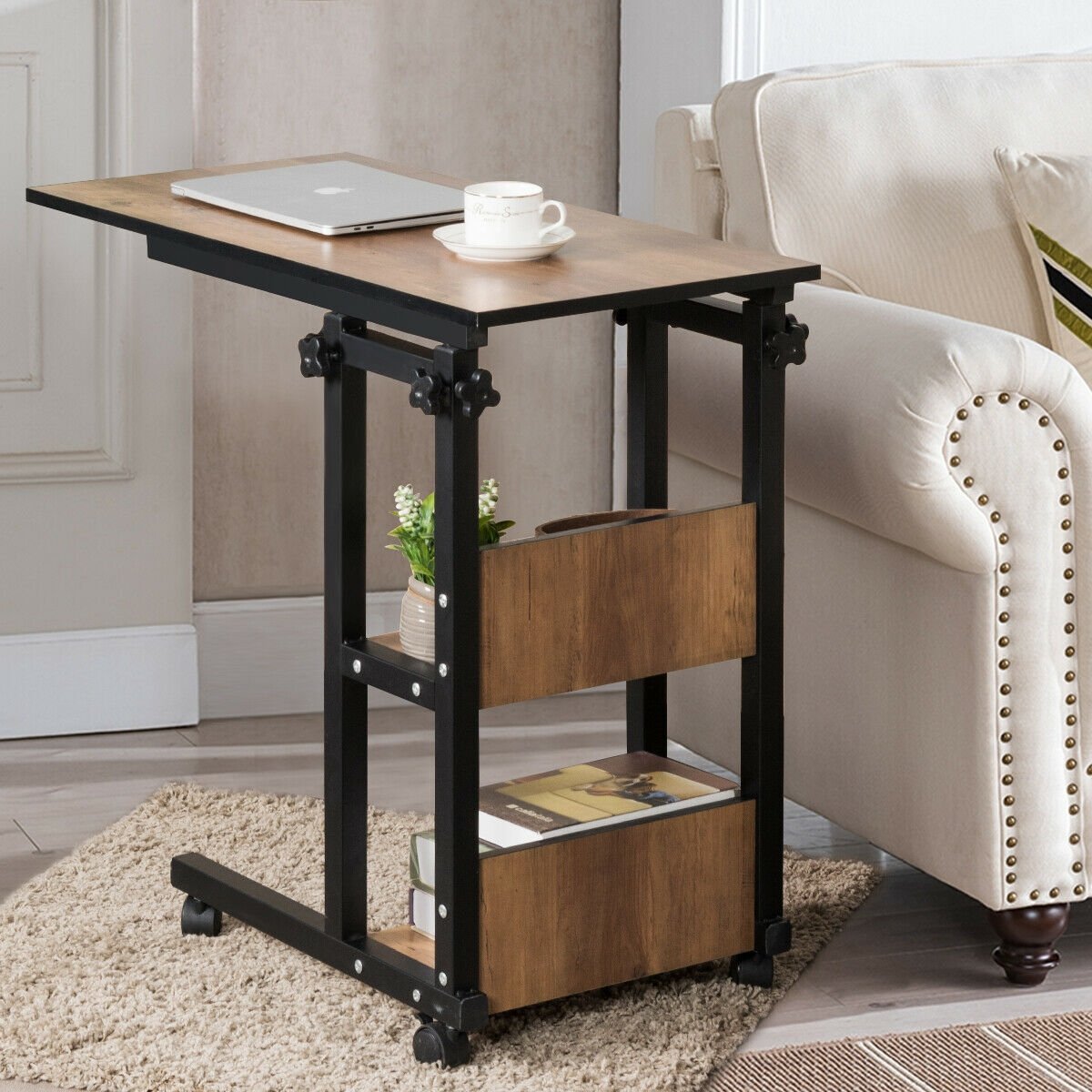 C-Shape Mobile Snack End Table with Storage Shelves, (Fully Assembled)