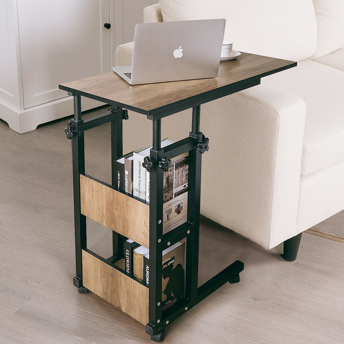 C-Shape Mobile Snack End Table with Storage Shelves, (Fully Assembled)