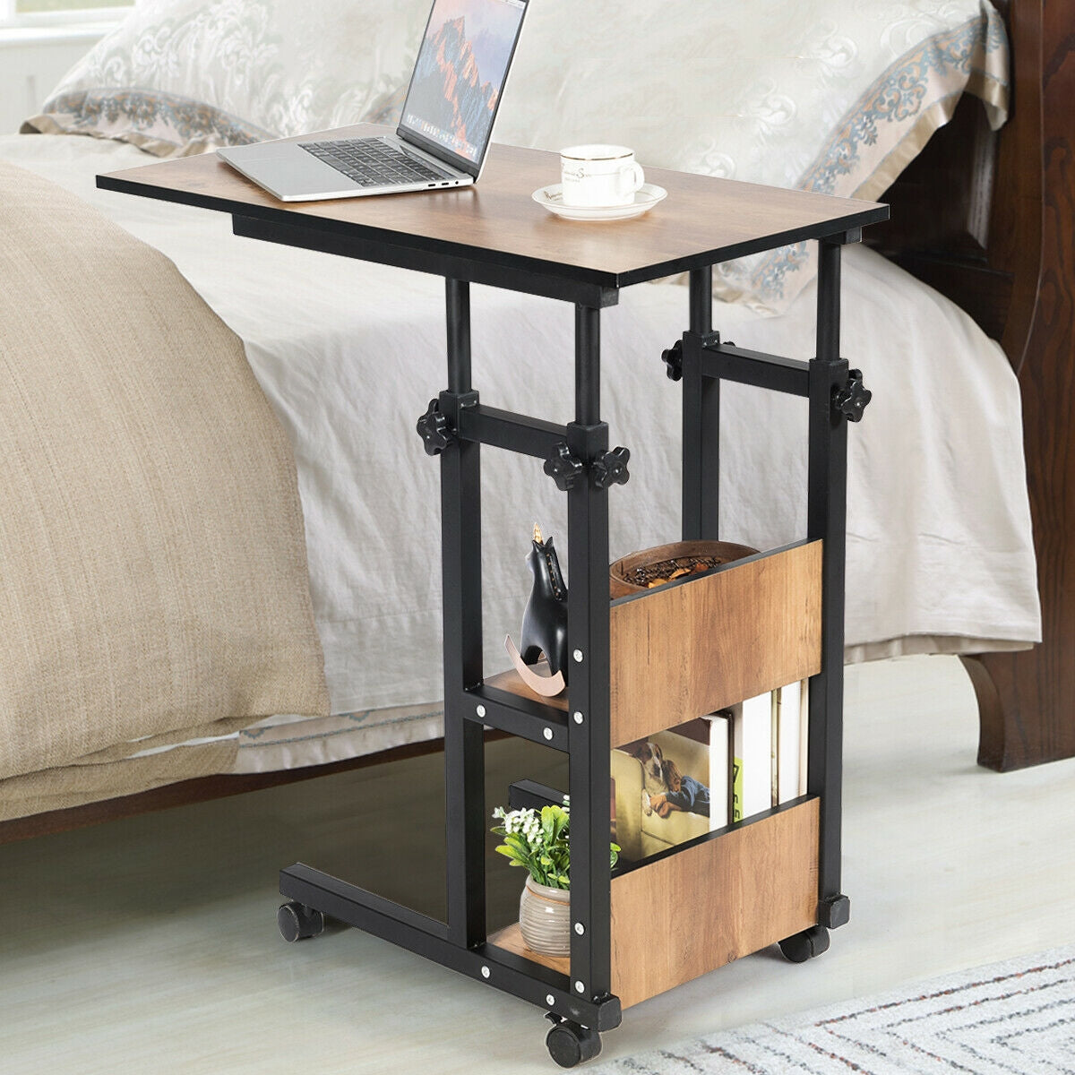 C-Shape Mobile Snack End Table with Storage Shelves, (Fully Assembled)