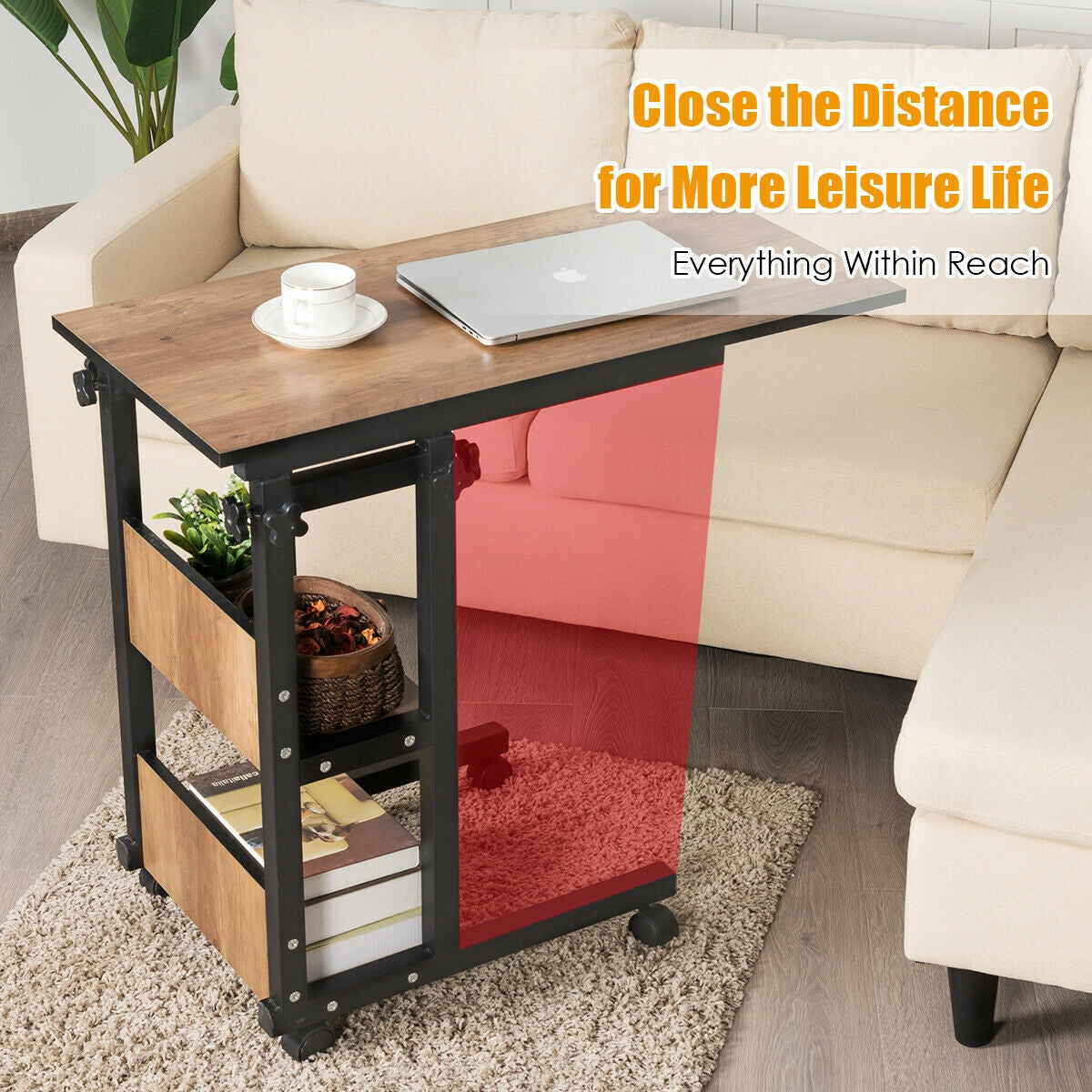 C-Shape Mobile Snack End Table with Storage Shelves, (Fully Assembled)