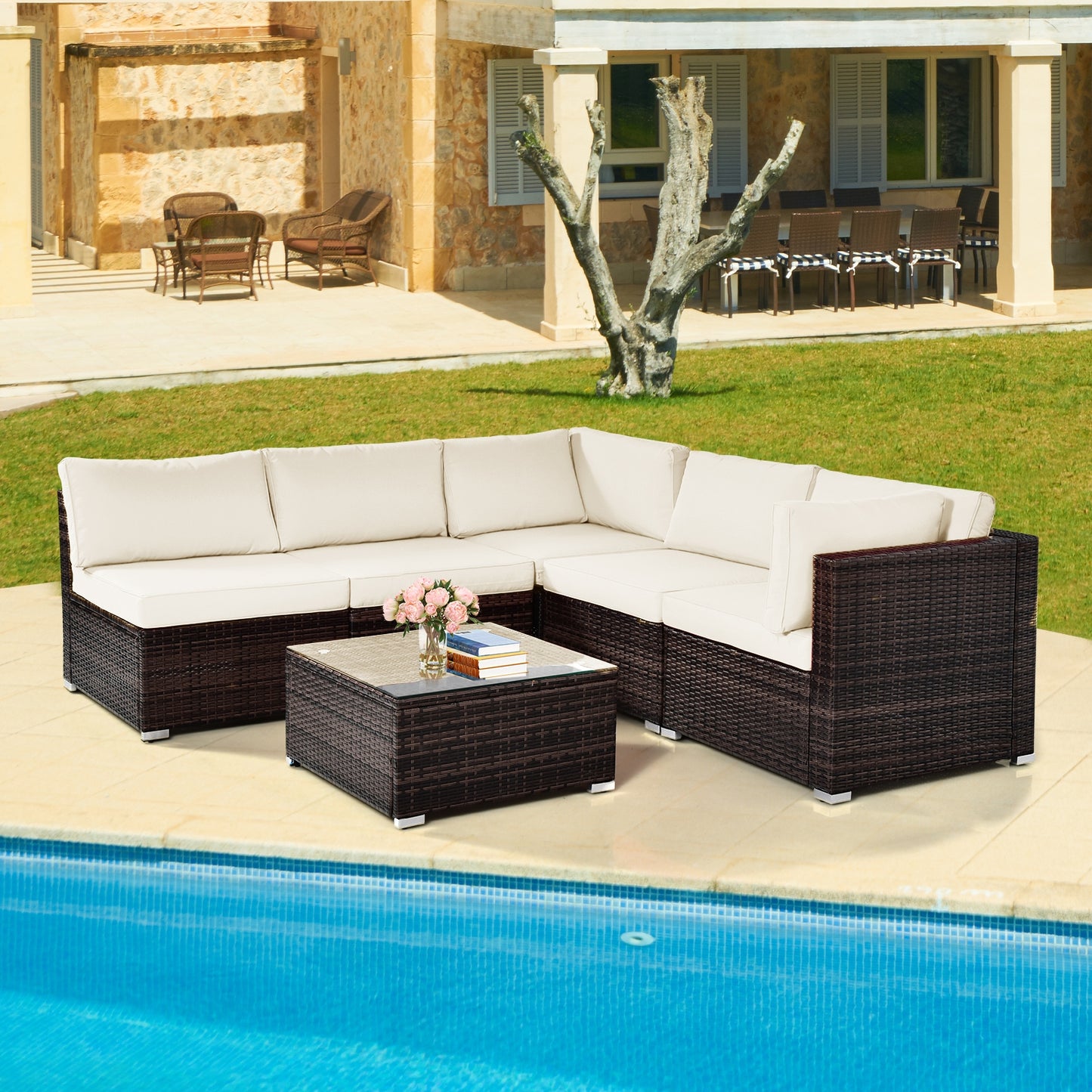 SPECIAL - 6 Pieces Patio Rattan Furniture Set with Cushions and Glass Coffee Table-White - (see Notes)