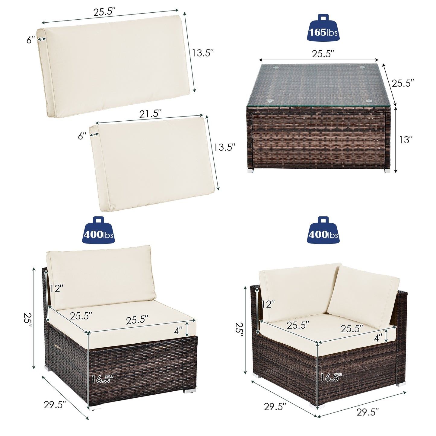 SPECIAL - 6 Pieces Patio Rattan Furniture Set with Cushions and Glass Coffee Table-White - (see Notes)