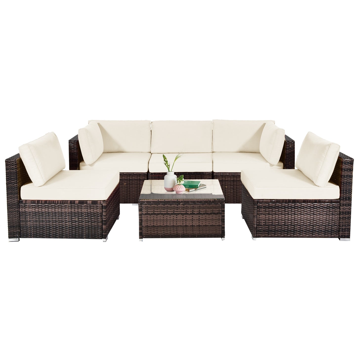 SPECIAL - 6 Pieces Patio Rattan Furniture Set with Cushions and Glass Coffee Table-White - (see Notes)