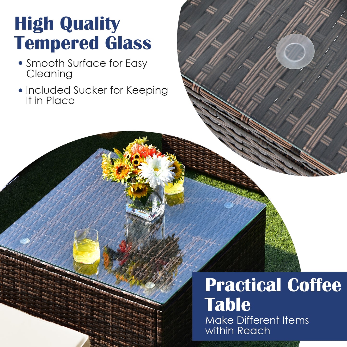 SPECIAL - 6 Pieces Patio Rattan Furniture Set with Cushions and Glass Coffee Table-White - (see Notes)