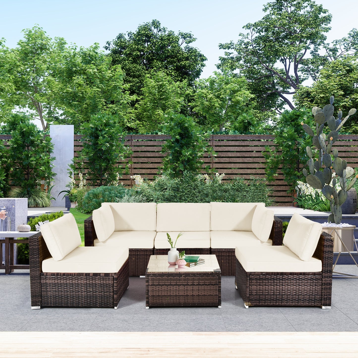 SPECIAL - 6 Pieces Patio Rattan Furniture Set with Cushions and Glass Coffee Table-White - (see Notes)