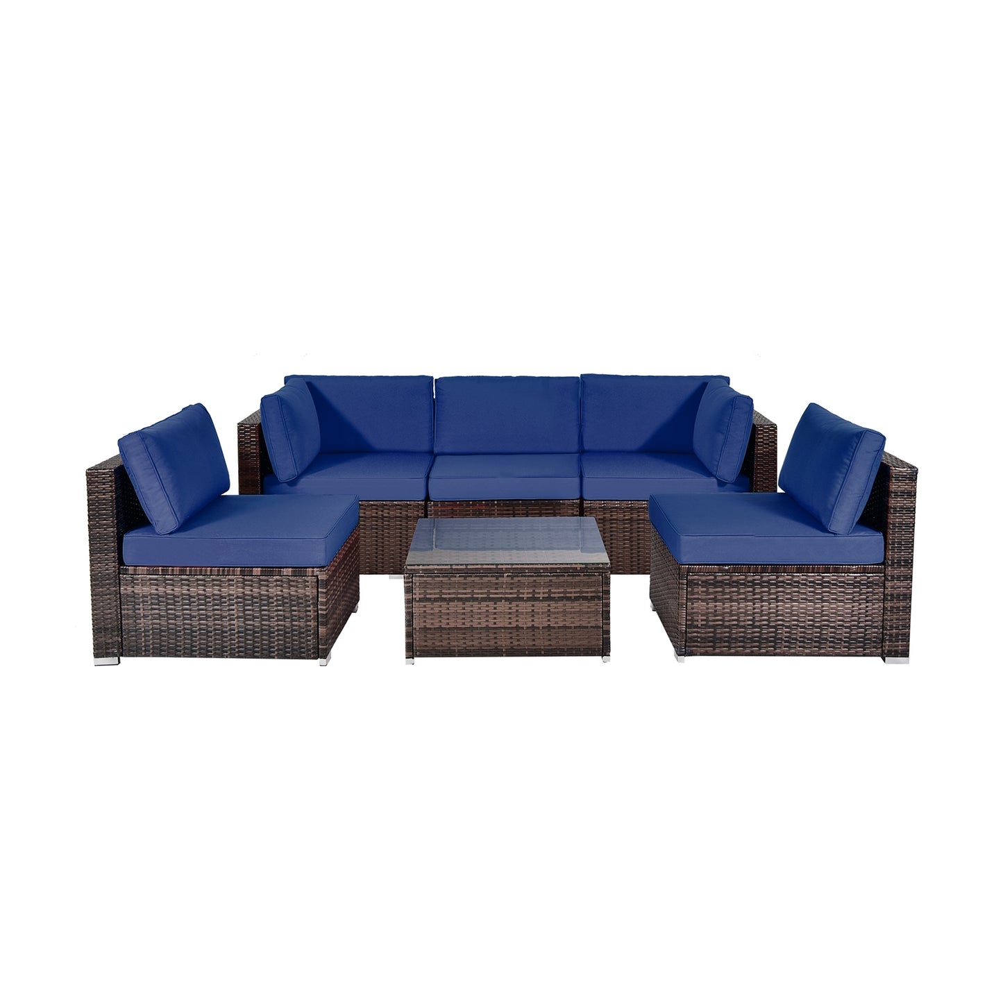 6 Pieces Patio Rattan Furniture Set with Cushions and Glass Coffee Table-Navy- Fully Assembled