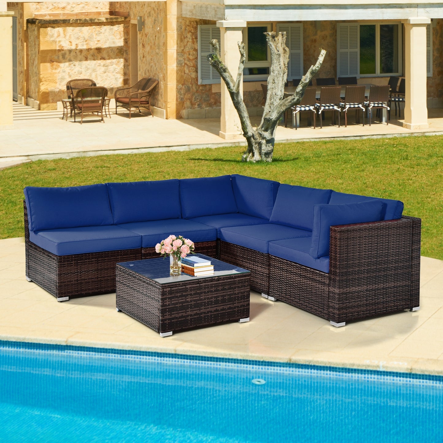 6 Pieces Patio Rattan Furniture Set with Cushions and Glass Coffee Table-Navy- Fully Assembled