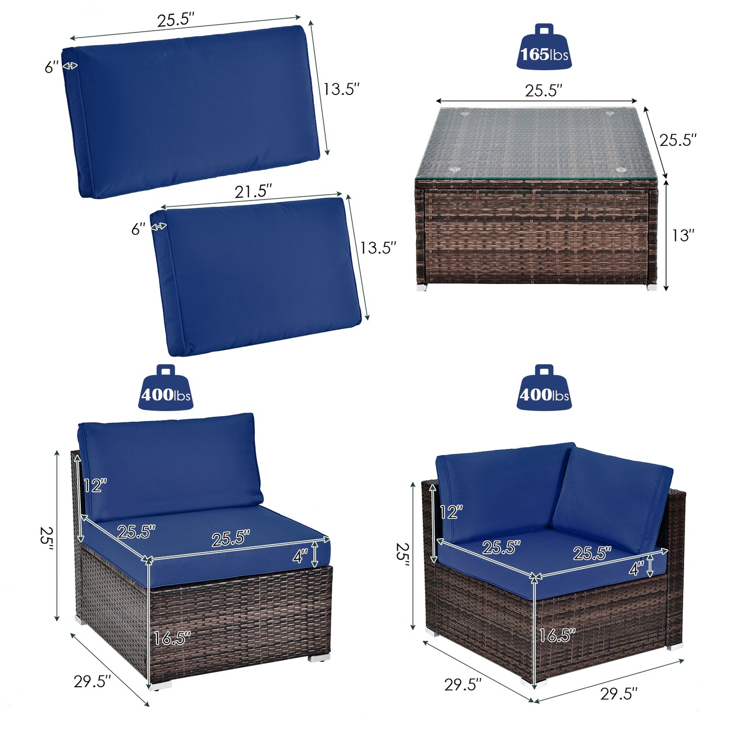 6 Pieces Patio Rattan Furniture Set with Cushions and Glass Coffee Table-Navy- Fully Assembled