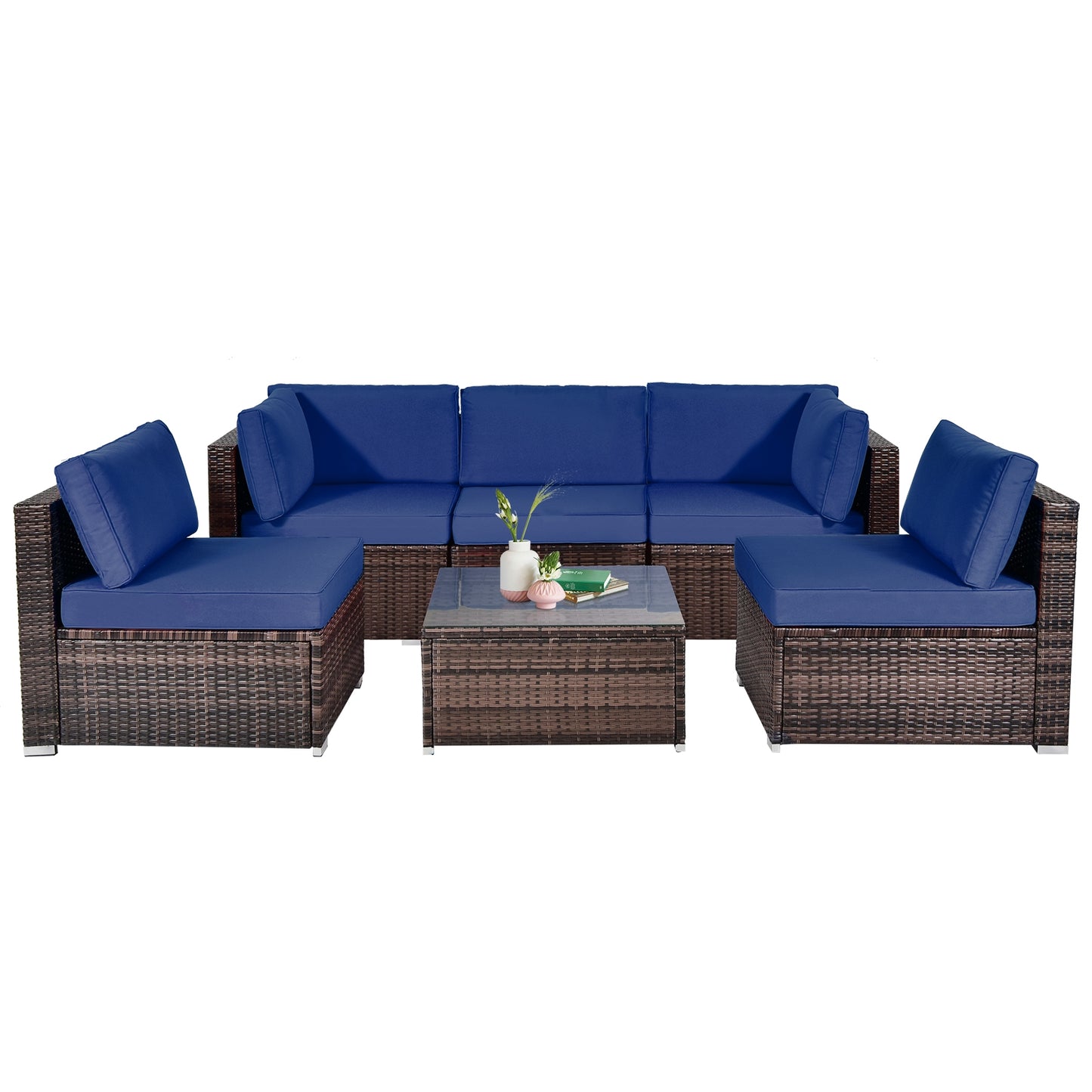 6 Pieces Patio Rattan Furniture Set with Cushions and Glass Coffee Table-Navy- Fully Assembled