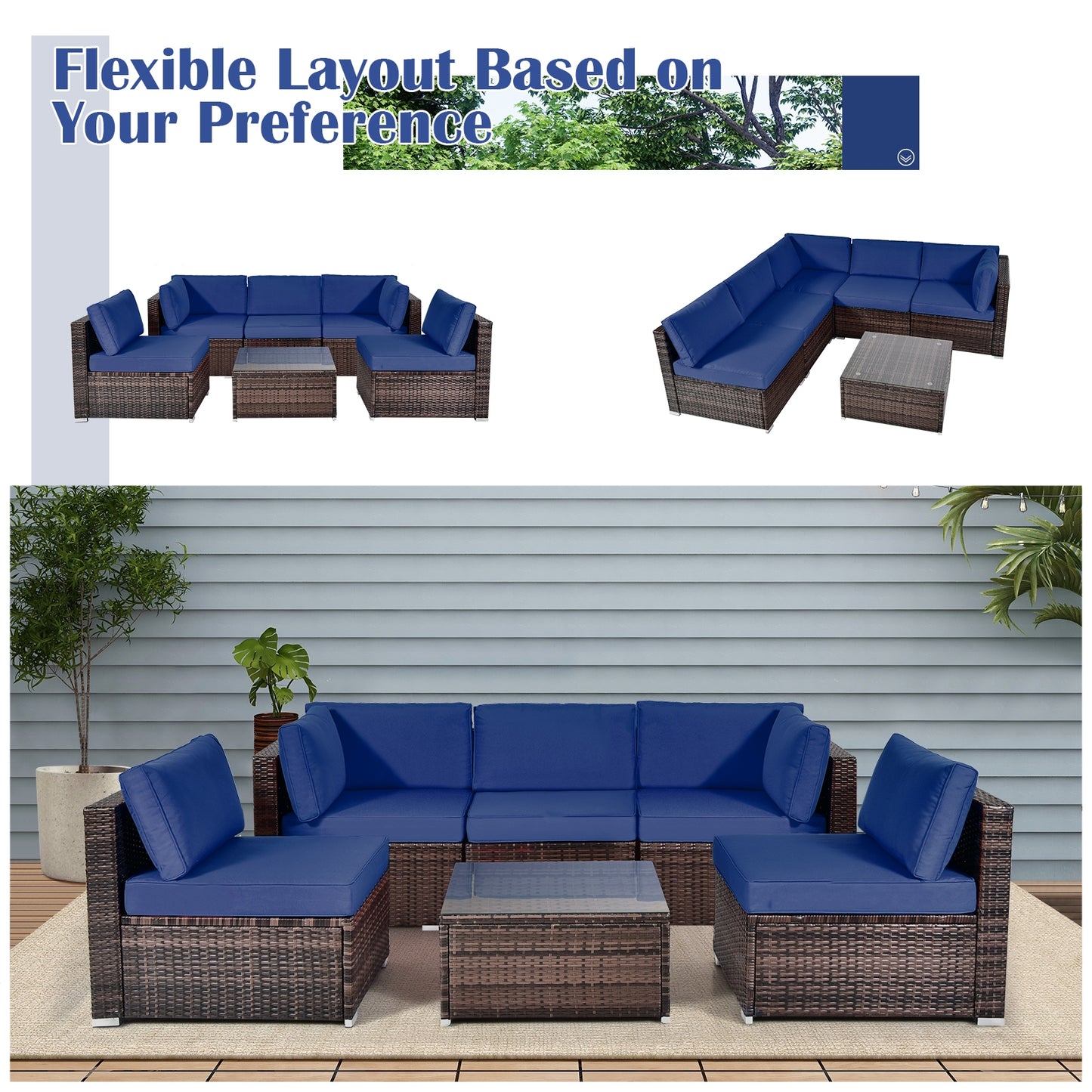 6 Pieces Patio Rattan Furniture Set with Cushions and Glass Coffee Table-Navy- Fully Assembled