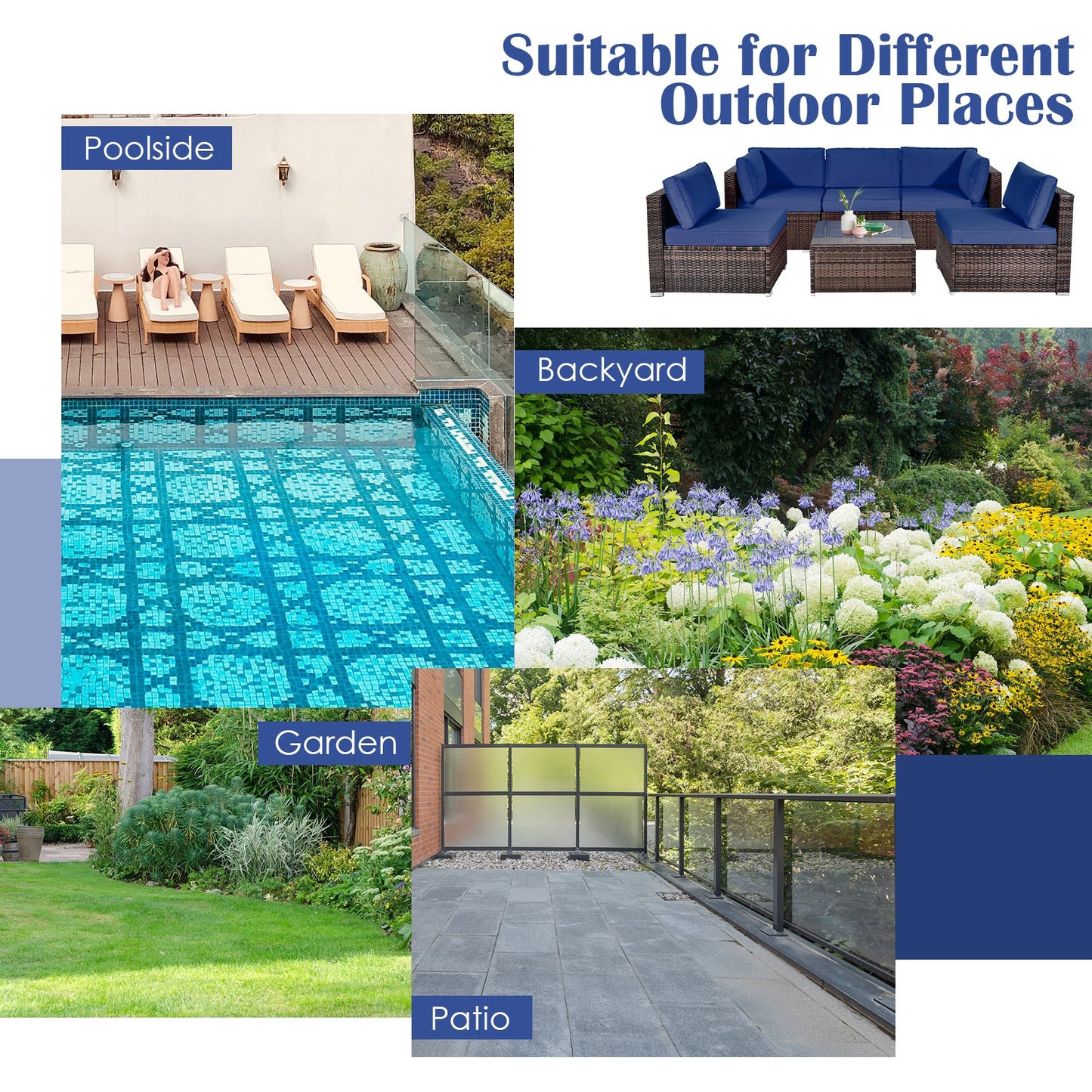 6 Pieces Patio Rattan Furniture Set with Cushions and Glass Coffee Table-Navy- Fully Assembled